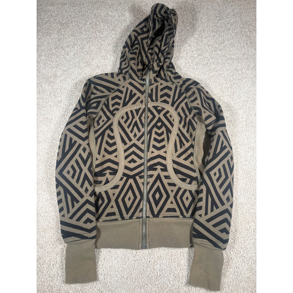 Lululemon Scuba Full Zip Hoodie Size 8 Olive Green Black Geometric Chevron Print